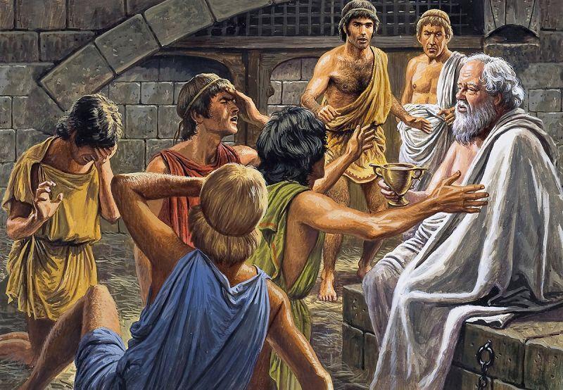 Сократ, держащий чашу с ядом, и его ученики. 